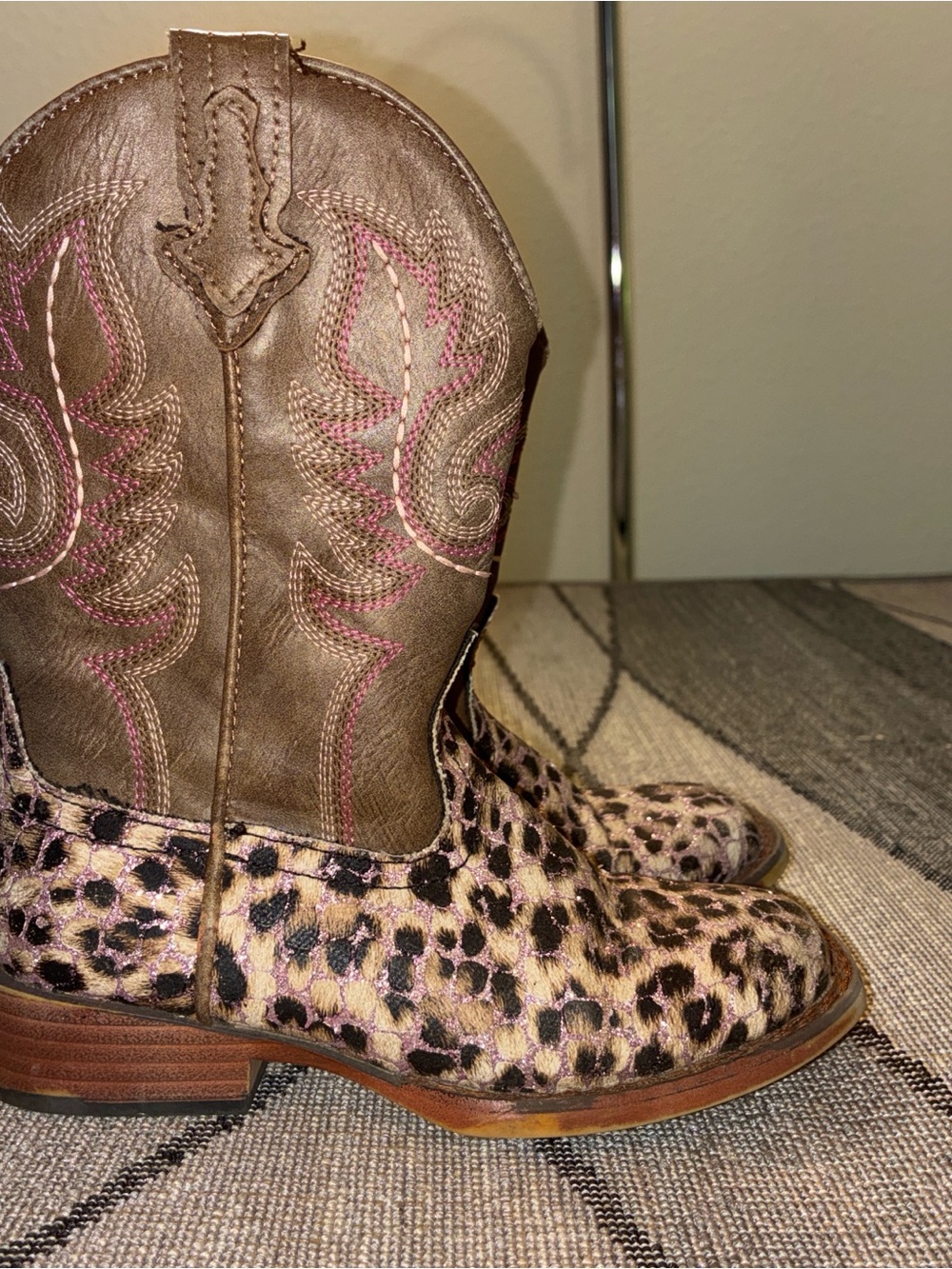 Roper Brown Leopard Print Kids Cowboy Boots with Pink Stitching